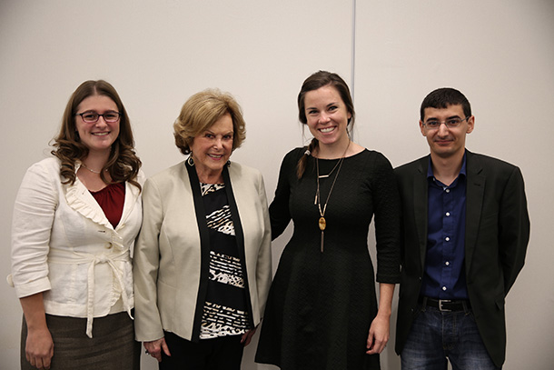 Judith D. Tamkin, second from left, stands with the three Tamkin Scholar Award winners: Elizabeth Bloemen, left; Katelyn Jetelina, second from right; and João F. Fundinho, right.