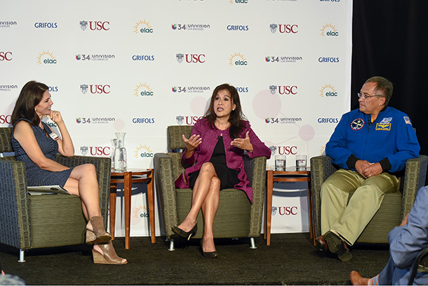 From left, moderator and Univision television host Gabriela Teissier, Diana Ramos and former NASA astronaut Carlos Noriega speak during a panel discussion at the Biotech Decade conference, Oct. 1 at East Los Angeles College.
