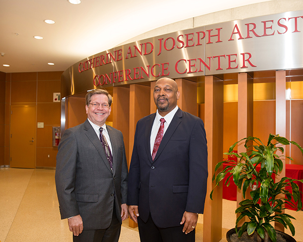 Stephen B. Gruber and John D. Carpten are seen before the USC Norris Ambassadors Friends and Family Luncheon, held Sept. 29 at the Aresty Auditorium on the Health Sciences Campus.