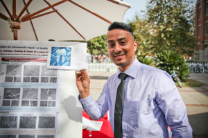 USC student-led startup, Auxomel, won the $10,000 Most Innovative and $2,500 Venture Validation awards at the 10th Annual USC Stevens Student Innovator Showcase held on October 7, 2016. Herman Ostrow School of Dentistry of USC student Kaushik Mukherjee represented the startup, which is developing a peptide-gel prototype to regrow superficial human tooth enamel and slow tooth decay. (Photo by Michael Chou)