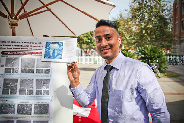 USC student-led startup, Auxomel, won the $10,000 Most Innovative and $2,500 Venture Validation awards at the 10th Annual USC Stevens Student Innovator Showcase held on October 7, 2016. Herman Ostrow School of Dentistry of USC student Kaushik Mukherjee represented the startup, which is developing a peptide-gel prototype to regrow superficial human tooth enamel and slow tooth decay.