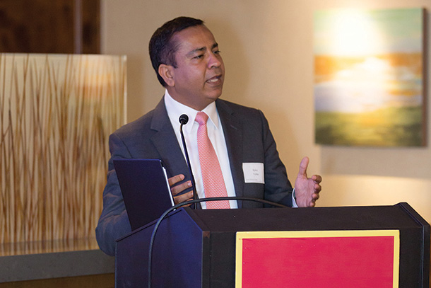 Rohit Varma speaks at Keck Medicine of USC's first annual meeting and health care conference, held Nov. 4 on the Health Sciences Campus.