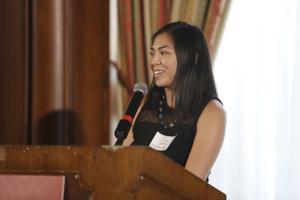 Amy Komure, a third-year medical student at the Keck School of Medicine of USC, speaks Oct. 19 at the Keck School’s 11th annual Scholarship Luncheon in downtown Los Angeles. (Photo/Steve Cohn)