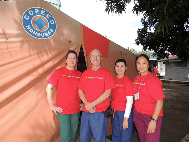 Operation Walk participants from USC Verdugo Hills Hospital, from left, are: Julie Anderson, RN, orthopedic service line coordinator; Paul Gilbert, MD, director of orthopaedic operative services at USC-VHH and clinical assistant professor of orthopaedic surgery; Cecilia Cayton, service line manager; and Vivienne Uytana, PT.