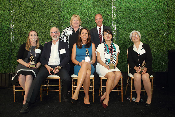 Panelists and co-hosts of the Trojan Society of Hospitals annual luncheon, from left, are Ashley Wysong, Marc Weigensberg, Carol Mollett, Sharon Orrange, Rod Hanners, Caroline Hwang and Helena Chui.