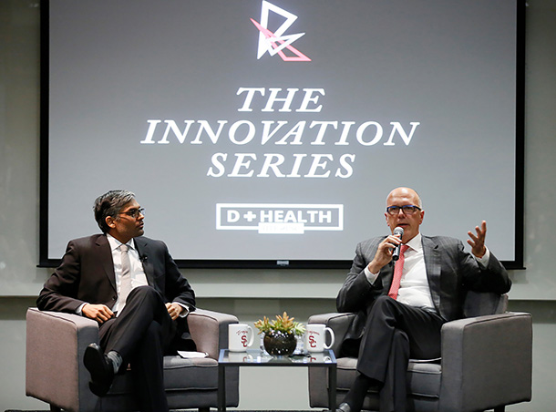 Tom Jackiewicz, right, is seen in a conversation panel with Rohit Gupta, during USC Digital Health Lab’s Fall Innovation Series. 