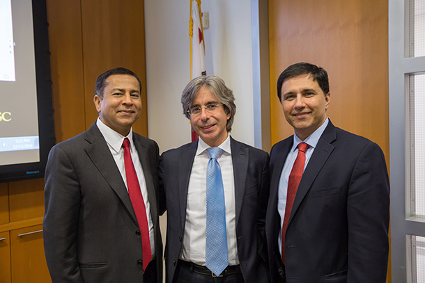 From left, Rohit Varma, Gianluca Lazzi and Mark Humayun are seen after the Dean’s Distinguished Lecturer Series, held Dec. 12, 2016 on the Health Sciences Campus.