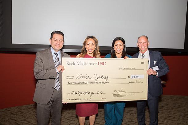 From left, Krist Azizian, chief pharmacy officer; Kim Le, director of pharmacy services; Gloria Jimenez, senior pharmacy tech; and Rod Hanners, COO of Keck Medicine of USC and CEO of Keck Medical Center.