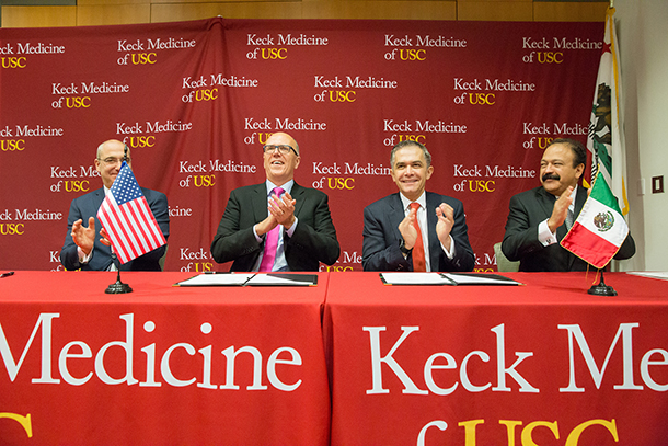 Anthony Bailey, USC vice president for strategic and global initiatives, Tom Jackiewicz, senior vice president and CEO of Keck Medicine of USC; Mayor Miguel Angel Mancera, Mexico City; José Armando Ahued, Mexico City secretary of health, from left.