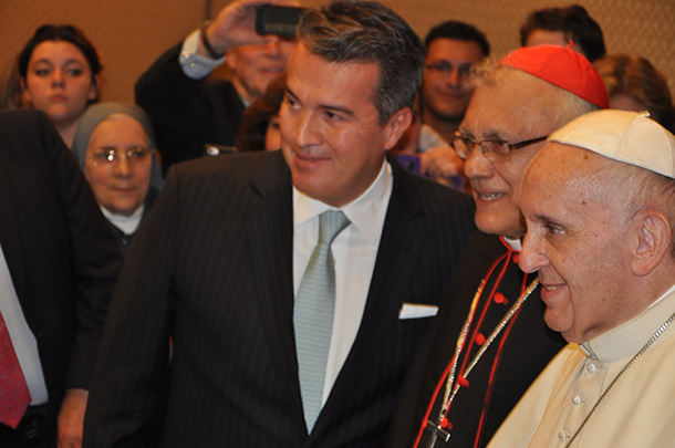 Rene Sotelo, left, poses for a photo with Baltazar Enrique Porras Cardozo, a Roman Catholic cardinal, and Pope Francis recently during a trip to Rome.