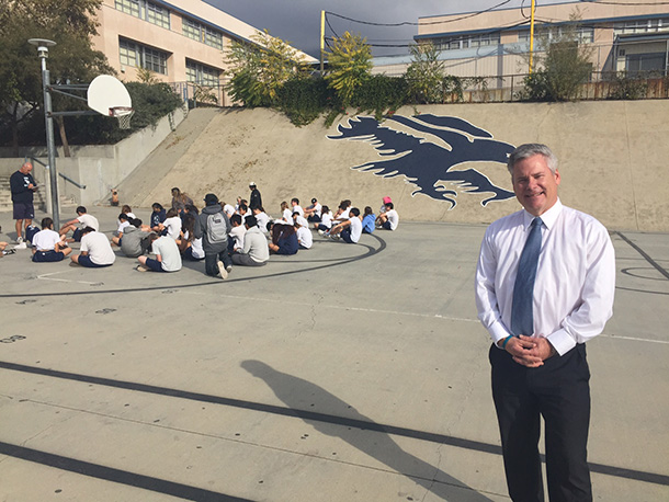 Keith Hobbs joins high school students at his alma mater, Crescenta Valley High School, during his stint as “Principal for a Day.”