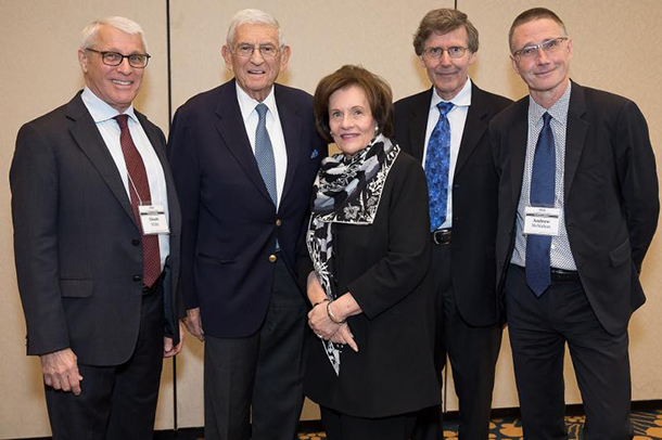 The three Broad stem cell research center directors thank Eli and Edythe Broad for their visionary philanthropy. From left, Owen Witte (UCLA), Eli Broad, Edythe Broad, Arnold Kriegstein (UCSF) and Andy McMahon (USC).