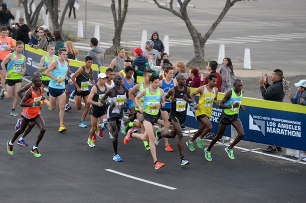 Brandon Wolfe, fourth from the right, is seen competing in the pro/elite field of the 2017 Skechers Performance Los Angeles Marathon.