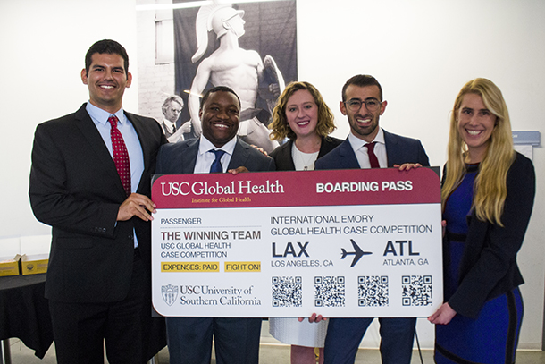 Members of the winning team are students at the Keck School of Medicine of USC, USC Dornsife College of Letters, Arts and Sciences, and USC Sol Price School of Public Policy. From left are Julian Cernuda, Brantynn Washington, Cristina Gago, Hrant Gevorgian and Ashley Millhouse.
