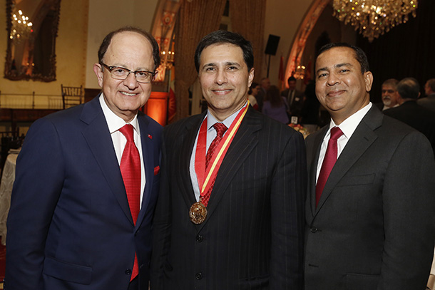 From left, USC President C. L. Max Nikias, Mark Humayun and Keck School of Medicine of USC Dean Rohit Varma are seen after the Academic Honors Convocation, held April 17 at Town and Gown on the University Park Campus.