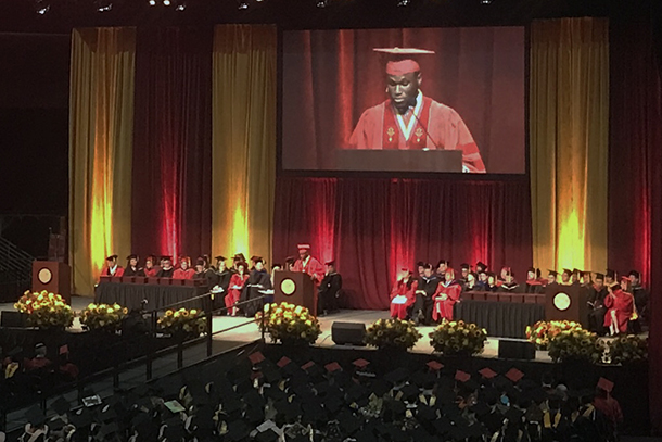 Graduate and student speaker Ryan Roberts, PhD, addresses the audience at the PhD and Masters Commencement May 13, 2017 at the Galen Center on the University Park Campus.