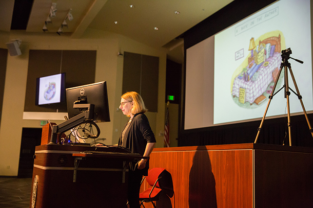 Cartoonist Roz Chast shares her story of coping with loss and Alzheimer's disease during the Visions and Voices event held March 30.