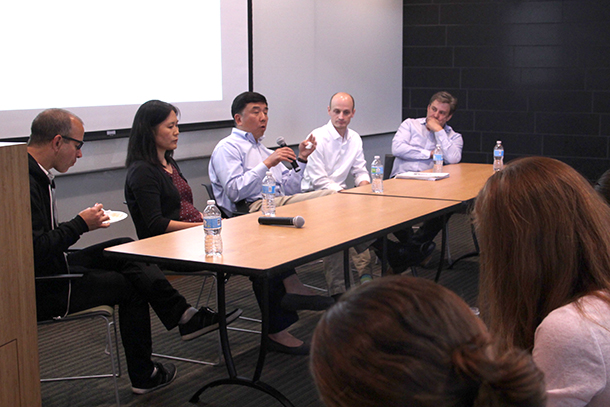 From left, Gage Crump, Min Yu, Yang Chai, Joseph T. Rodgers and Denis Evseenko — all faculty in the Department of Stem Cell Biology and Regenerative Medicine — lead a panel discussion about “Preparing for the faculty job market” for postdoctoral scholars on May 30.