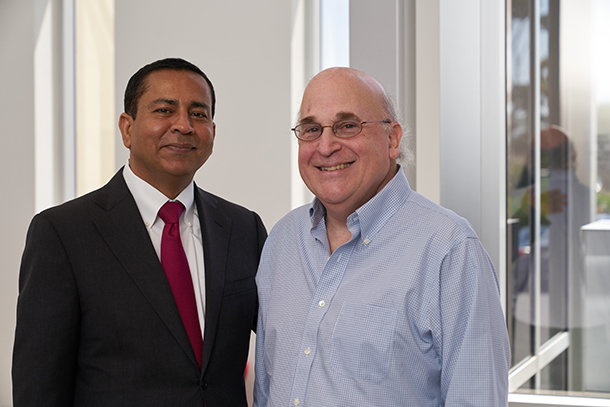 Rohit Varma, left, and Paul Aisen led discussions about the Keck School of Medicine of USC and the USC Alzheimer’s Therapeutic Research Institute recently in San Diego.