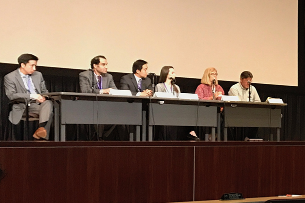 Local patients, caregivers and physicians participate in a panel discussion about their journeys as they navigate the process of living with or caring for those who have a brain tumor. Seen from left are physicians Frank Attenello, Naveed Wagle and Jason C. Ye; patients Natalie Reed and Shawna Escovedo; and caregiver Steve Escovedo.