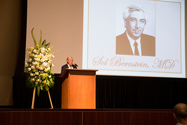Allen Mathies, dean emeritus of the Keck School, speaks about his former colleague Sol Bernstein during a memorial service, held June 26 on the Health Sciences Campus.