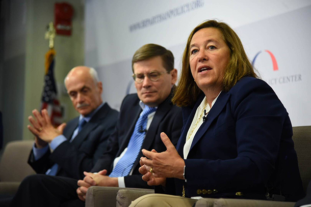 Leslie Saxon speaks during a panel discussion, “Cybersecurity and Medical Devices: Assessing Risks and Strategies for Overcoming Them,” on June 28 in Washington, D.C. Also on the panel, from left, are Michael Chertoff, former Secretary of the U.S. Department of Homeland Security, and Michael Morrell, former Acting and Deputy Director of the Central Intelligence Agency.