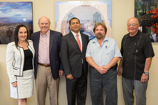 From left, Zea Borok, John H. Reith, Rohit Varma, Michael Gurevitch and Richard H. Zeiss are seen during a meeting with the Hastings Foundation board of directors, July 17 on the Health Sciences Campus.