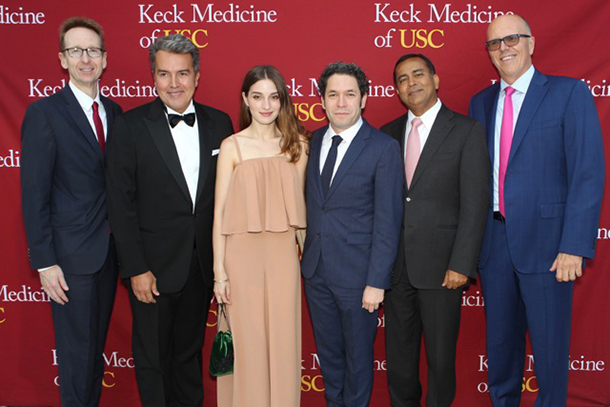 From left, USC Provost Michael Quick, René Sotelo, actress Maria Valverde, Los Angeles Philharmonic music and artistic director Gustavo Dudamel, Rohit Varma and Tom Jackiewicz attend a Keck Medicine of USC event celebrating the International Medicine program, held Aug. 23 in Beverly Hills.