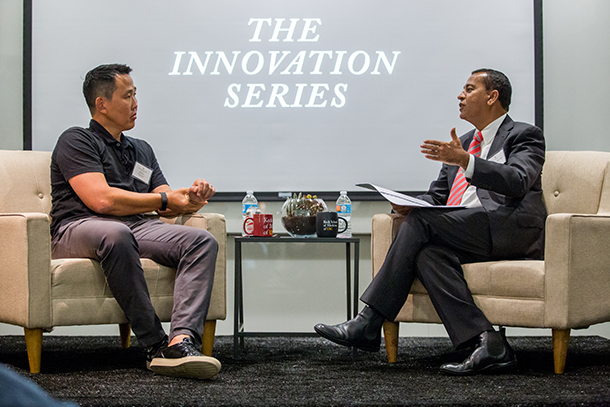 David Lee, left, and Rohit Varma participate in the summer installment of the Innovation Series, held July 12 and sponsored by the USC Digital Health Lab.