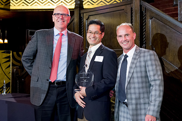 From left, Tom Jackiewicz, Michael Wang and Rod Hanners are seen during the Choi Awards Dinner, held May 1. Wang, a physician, was one of the recipients of the USC Choi Family Excellence in Patient-Centered Care Award.