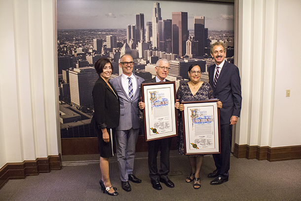 Nora Manzanilla, Tobacco Enforcement Operations director for the Los Angeles City Attorney; Councilman Mitch O’Farrell; Jonathan Samet, Lourdes Baezconde-Garbanati, and Mike Feuer, Los Angeles City Attorney. 