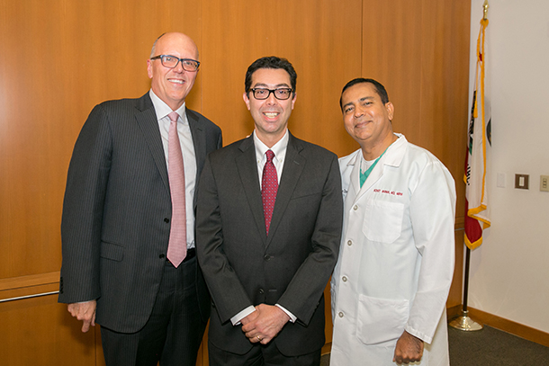 Tom Jackiewicz, John Oghalai and Rohit Varma are seen during a celebration marking Oghalai as the new chair for the USC Tina and Rick Caruso Department of Otolaryngology - Head and Neck Surgery.