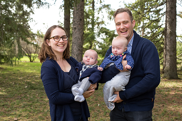 Joanna Smeeton with her husband Jeremy Morris and their twins Edie, right, and Isaac, left.