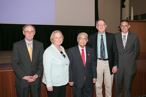 From left, Norman R. Pace, M. Elizabeth Fini, Shaul G. Massry, Jeffrey I. Gordon and Rob Knight are seen before the 2017 Massry Prize lectures, held Oct. 5 on the Health Sciences Campus.