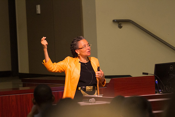 Camara Jones speaks during a USC Visions and Voices lecture, held Sept. 18 on the Health Sciences Campus.