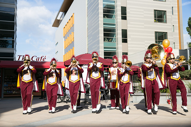 The USC Trojan Marching Band performs during a Beat the Bruins spirit rally, Nov. 17 on the Health Sciences Campus.