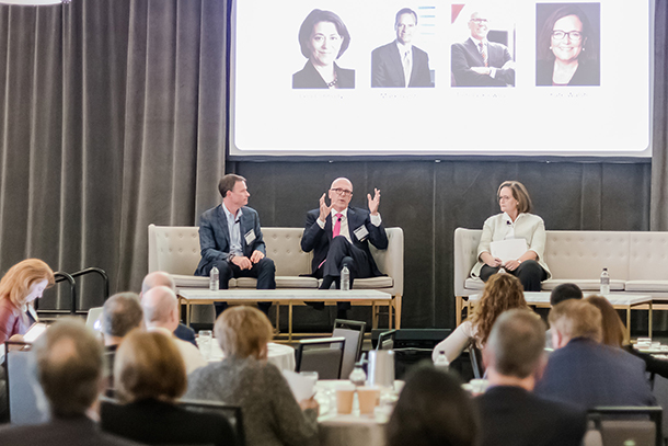 From left, Mark Ganz, Tom Jackiewicz and Kate Walsh speak during a panel at the second annual Leadership Symposium held Oct. 20-21 in Arizona and organized by Modern Healthcare.