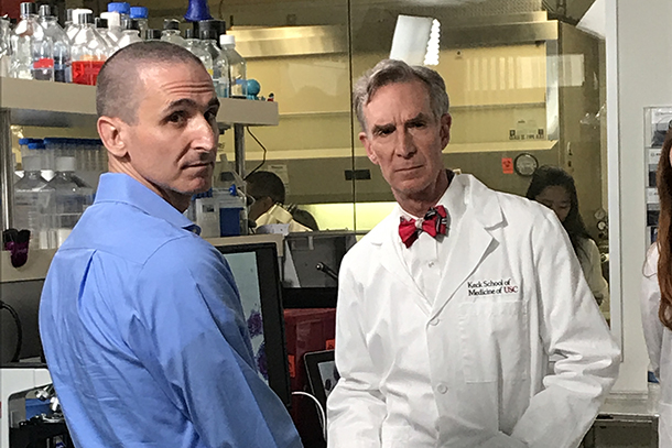 Brad Spellberg, left, and Bill Nye film a scene from the Netflix series, 