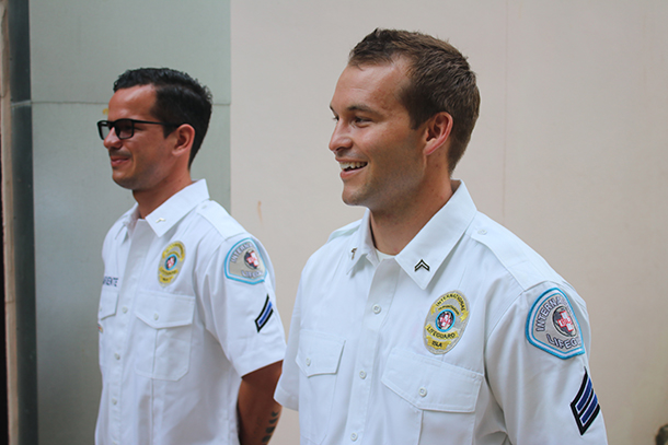 Jonathan Robinson, right, stands with ISLA colleague Ariel Lafuente, during training in Phuket, Thailand.