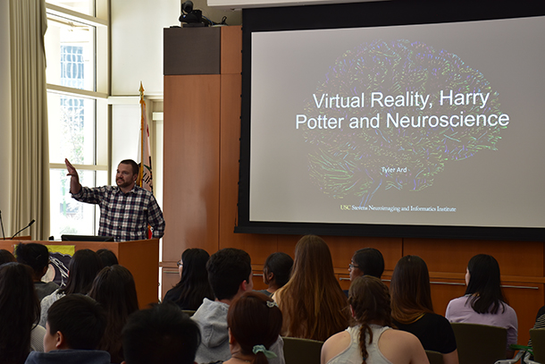 Tyler Ard discusses how he uses virtual reality and cinematography techniques to visualize neuroscience data during the Los Angeles Brain Bee, held Feb. 3 on the Health Sciences Campus.