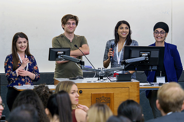 From left, Tanya Markary, Dab Brill, Kenna Patel and Navneet Multani present ‘Use of TYPS website with USC School of Pharmacy Pharmaceutics students’ during the final round of PharmD Scholarly Project Symposium.