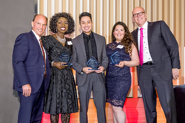 From left, Rod Hanners, Linda Dankwa, Earl Guanlao, Cris Magana and Tom Jackiewicz are seen during the Choi Awards. Dankwa, Guanlao and Magana were honored for becoming certified patient experience professionals.