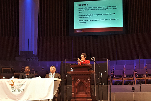 Keck School of Medicine;s new Dean Laura Mosqueda, MD, delivers delivers her keynote address to about 1,000 older adults at the Pasadena Senior Center's 2018 Conference on Healthy Aging in Pasadena on Saturday, April 28, 2018.