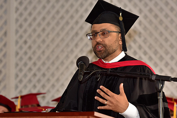 Varun Soni gives the commencement address during the USC Chan Division of Occupational Science and Occupational Therapy commencement ceremony on May 11.