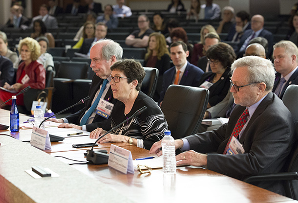 Keck School of Medicine of USC Dean Laura Mosqueda, center, testifies during a hearing at the spring meeting of the Elder Justice Coordinating Council.