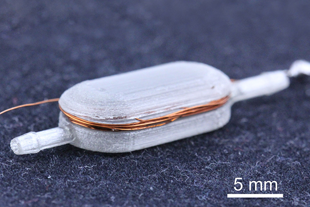 A prototype of the implantable device that provides micro-sensing technology for hydrocephalus shunts. 