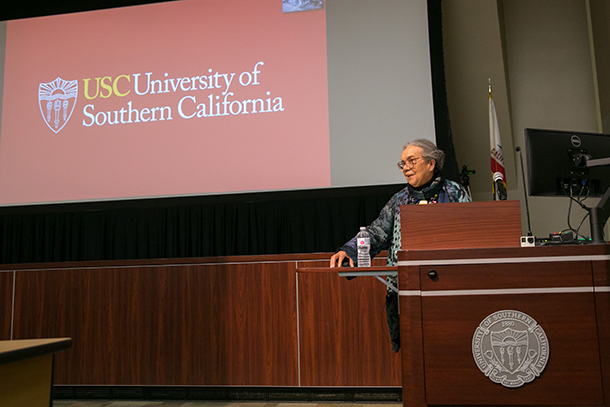 Marian Wright Edelman speaks during a Visions and Voices lecture held March 29 on the Health Sciences Campus.