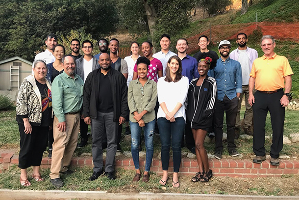 Muntu Davis, seen in the front row, third from left, visited with members of the Keck School of Medicine of USC MD/MPH program during a Nov. 18 lunch.
