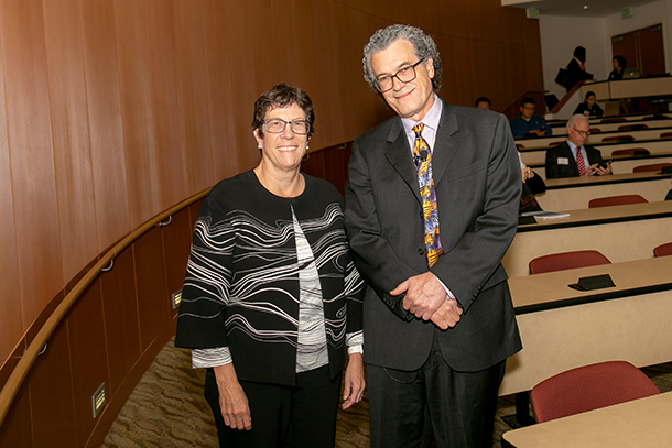 Eliseo J. Pérez-Stable, right, and Laura Mosqueda are seen before Pérez-Stable spoke at the Dean's Distinguished Lecturer event, held Dec. 4 on the Health Sciences Campus.