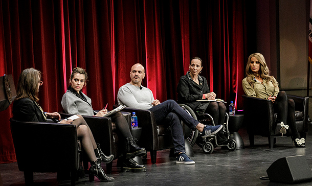 Elizabeth Cousens, UN Foundation deputy chief executive officer, left, moderates a panel with actress Alyssa Milano, second from left; Jane the Virgin writer Rafael Augustín, center; Paralympian Candace Cable, second from right; and YouTube star Gigi Gorgeous, right.